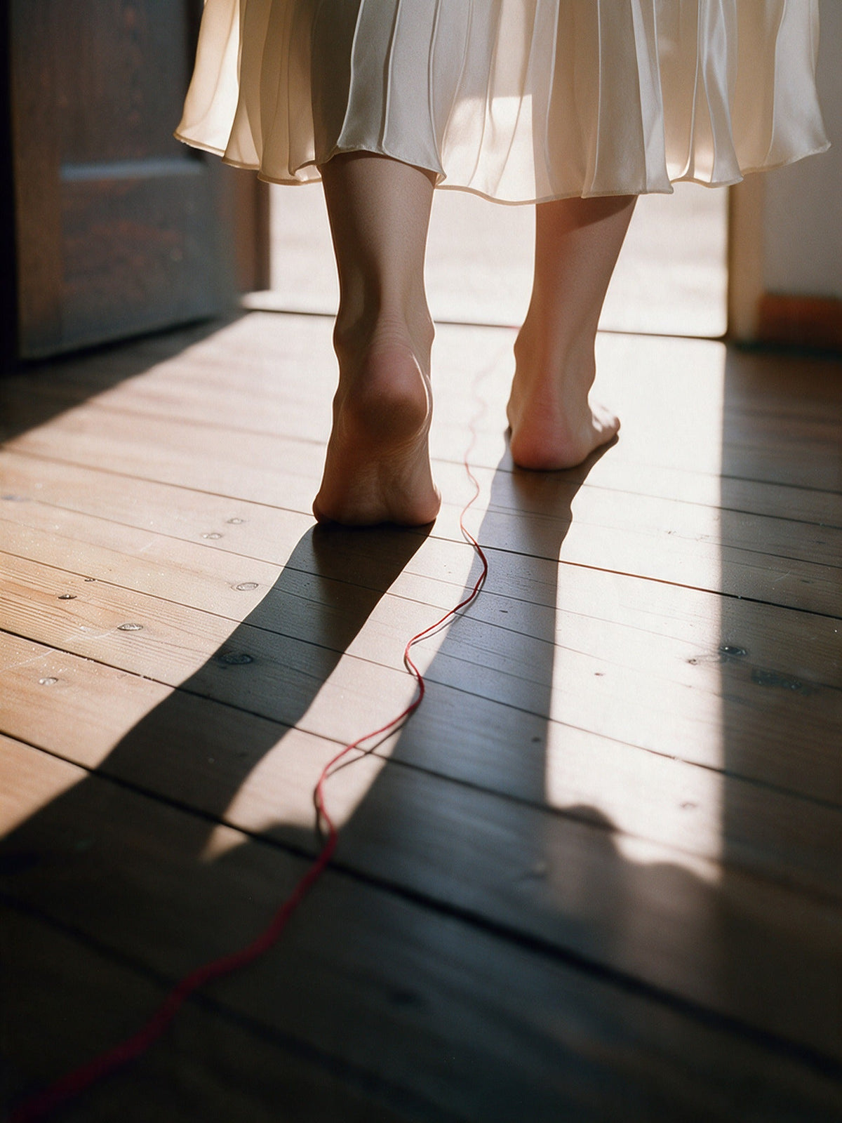 Bare feet in an ivory silk skirt walking along a red thread toward a sunlit open door