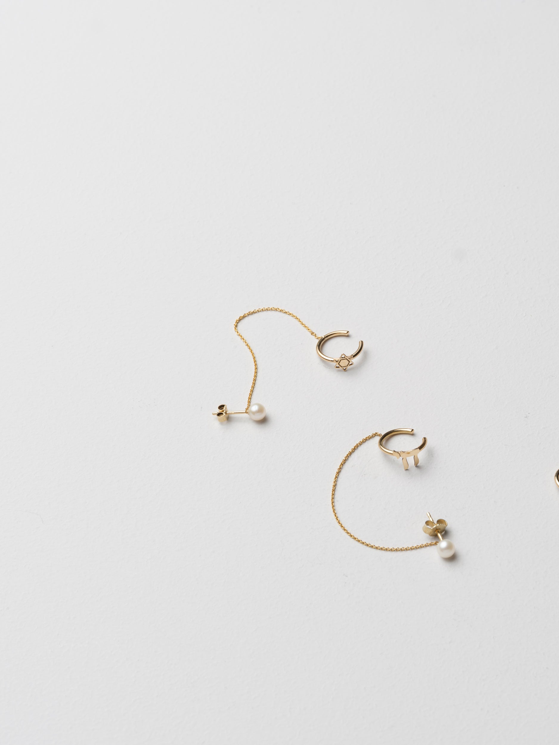 Pearl of Life Cuff Earring — pearl and Chai symbol gold ear cuff — Jewish life earring — Oriya Jewels