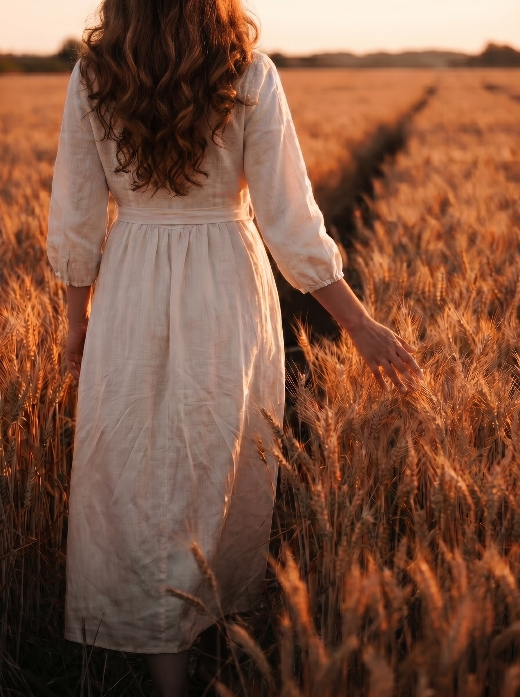 Woman in linen dress walking through golden wheat field at sunset — Shavuot and the story of Ruth