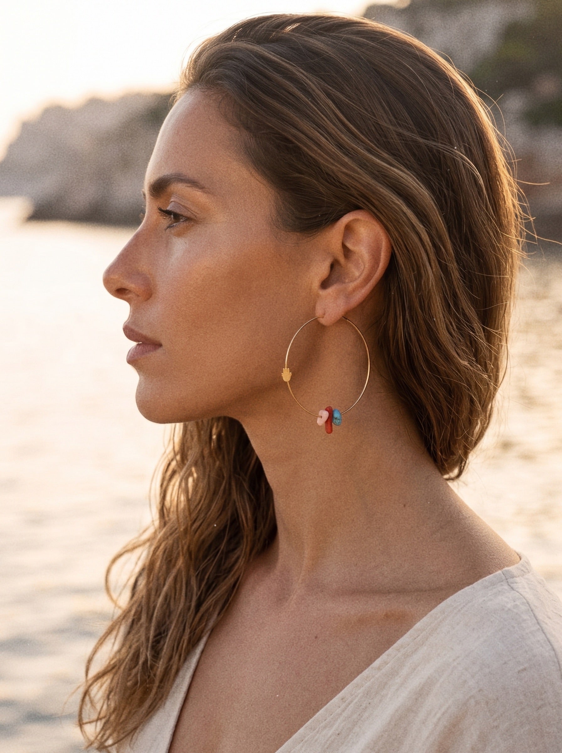 Yaël gold hoops with natural turquoise and coral stones, handmade — Oriya Jewels
