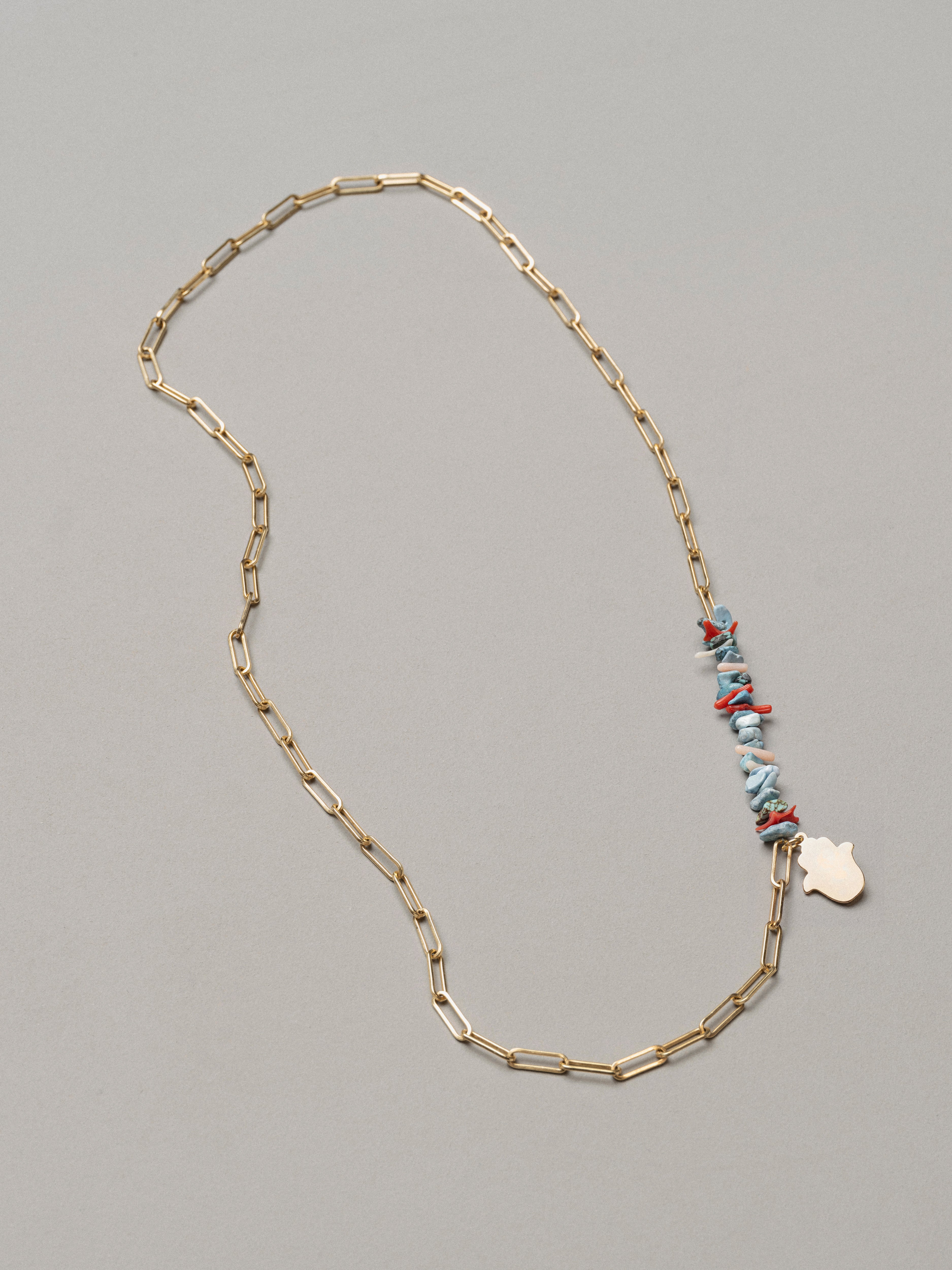 Deborah long gold-plated paperclip necklace with hamsa charm and turquoise & coral cluster — Oriya Jewels