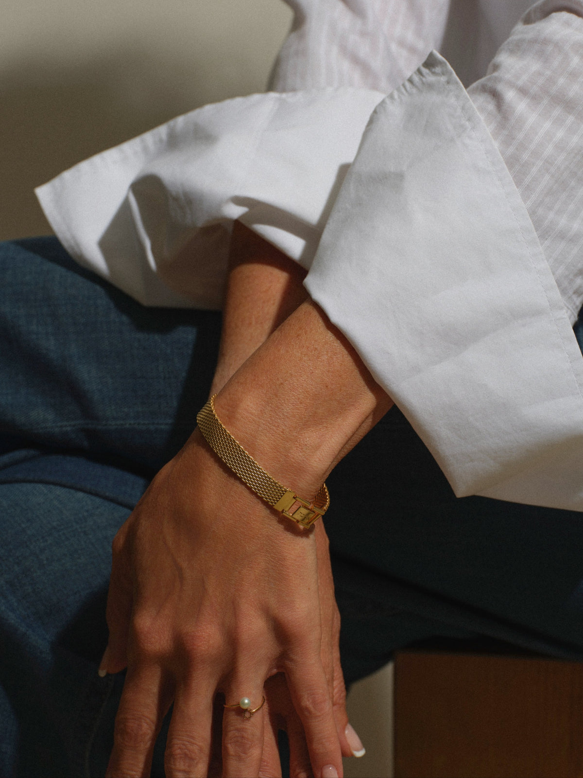 Ahava Bracelet worn — gold-plated brass mesh bracelet, everyday look — Oriya Jewels